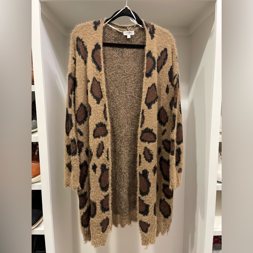 Umgee Mocha Leopard Long Sleeve Fuzzy Long Sweater Cardigan